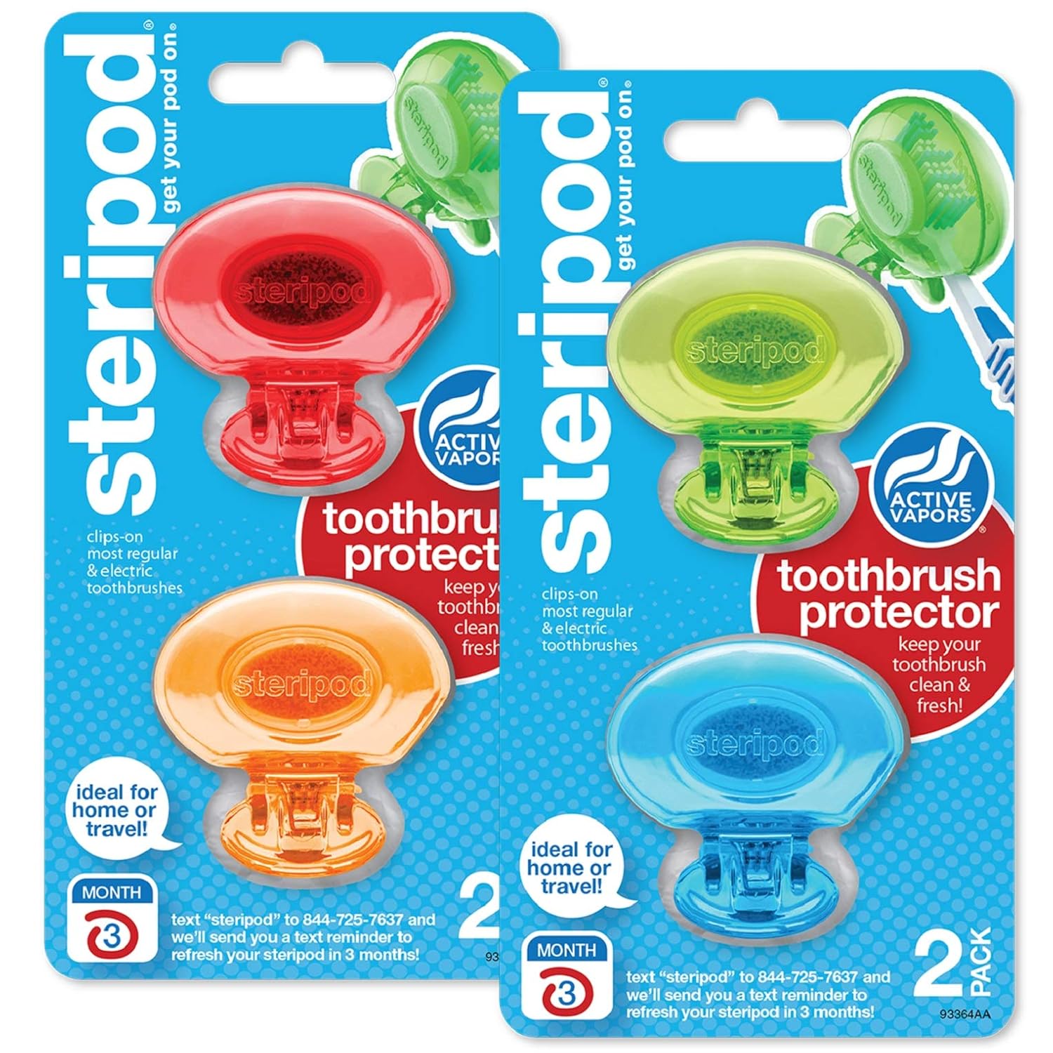 Steripod Clip-On Toothbrush Protector, Blue, Green, Red, Orange, 4 Count: Beauty