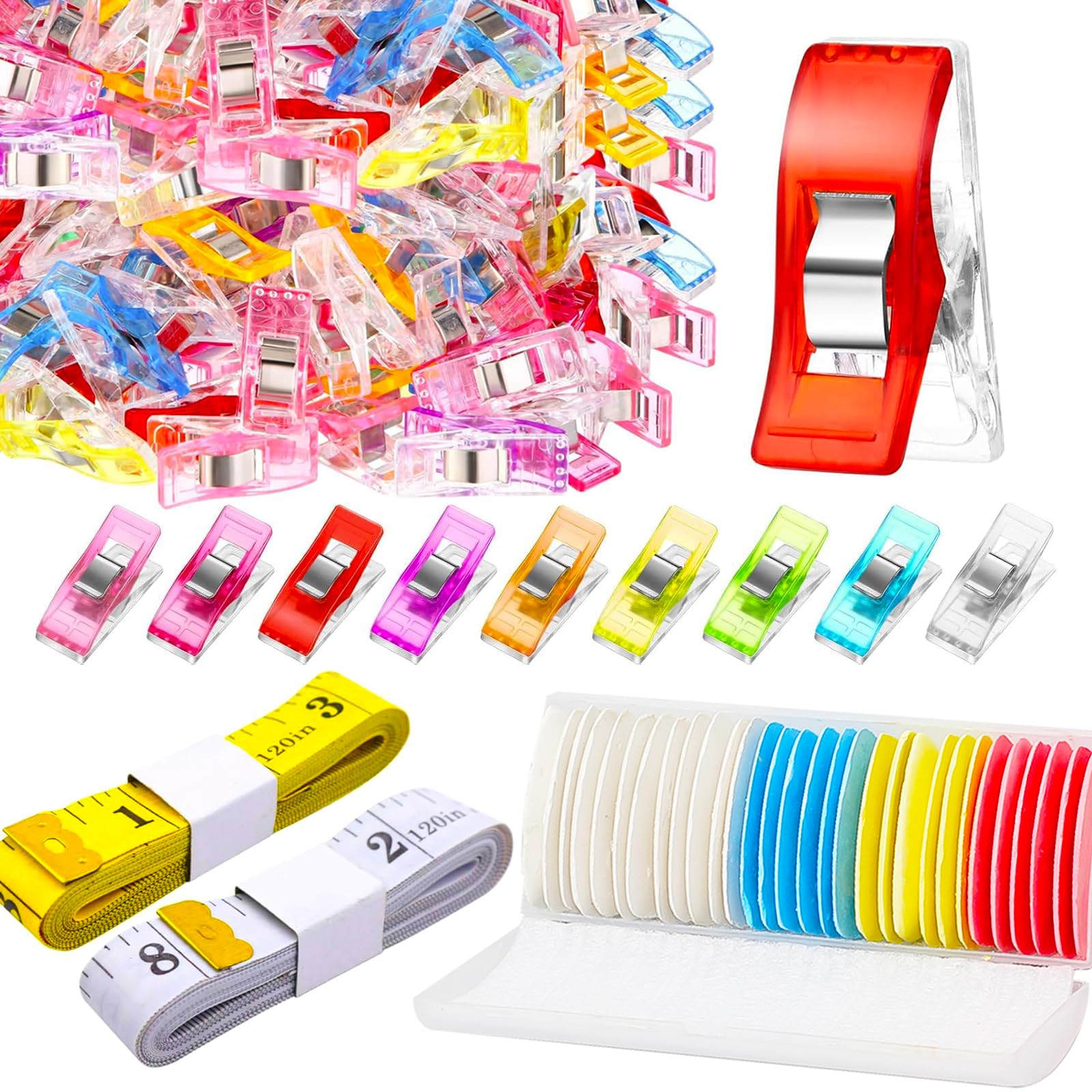 Photo 1 of 100 Pcs Sewing Clips for Fabric and Quilting/ 40 Pcs Sewing Chalk/ 2 Pcs Fabric Tape Measure/Sewing Supplies 3-Piece Set/Suitable for Size Measurement, Marking, and Fixed Fabric.