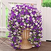 Dolicer 4 Packs Look Real Artificial Flowers for Outdoors, Fake Artificial Hanging Flowers for Outdoors Realistic UV Resistant Hanging Flowers Silk Petunia Faux Flowers for Porch Patio (Mixed Purple)