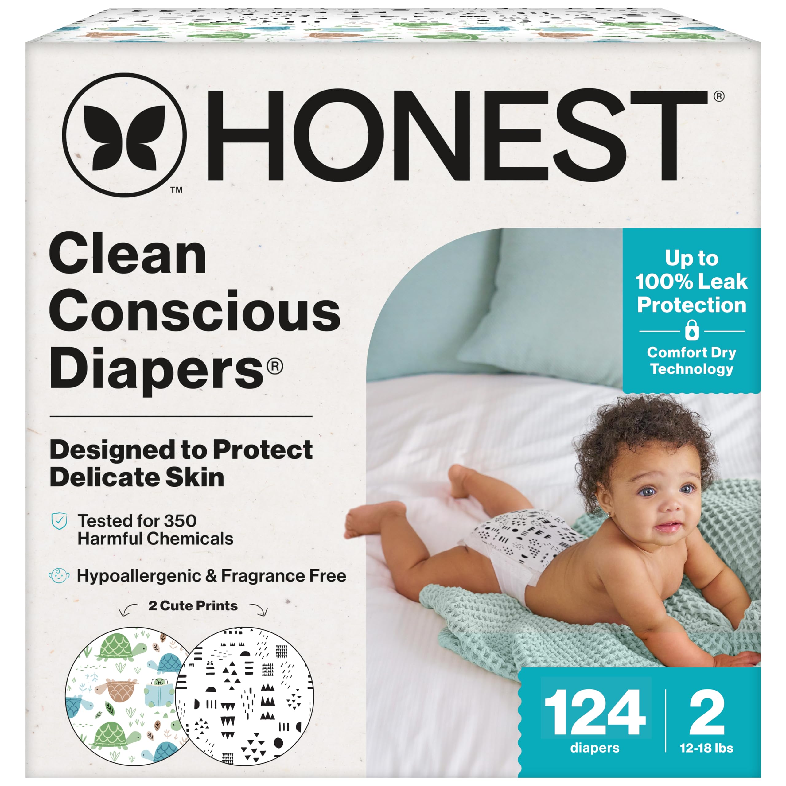 Photo 1 of The Honest Company Clean Conscious Diapers for Delicate Skin | Up to 100% Leakproof | Hypoallergenic, Fragrance Free | Gender Neutral | Super Club Box, Size 2 (12-18 lbs), 124 Count (Prints May Vary)