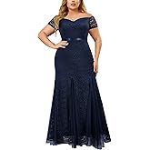 Miusol Women's Plus Size Formal Off Shoulder Vintage Floral Lace Mermaid Maxi Evening Party Dress