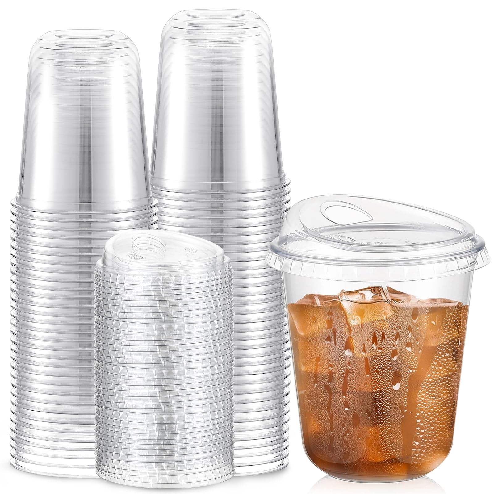 Photo 1 of Baderke 50 Pcs Plastic Cups with Sip Lids Round Bottom Disposable Plastic Coffee Cups with Lids Clear Strawless Crystal Mugs for Iced Coffee Smoothie Cold Beverage Party Catering Supplies (14 oz)