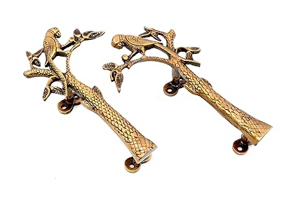 Two Moustaches Parrot On Tree Design Brass Door Handle Pair