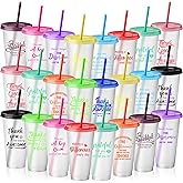 Skylety 24 Pcs Employee Appreciation Gifts for Team Coworker Thank You Gift Bulk 24 oz Inspirational Plastic Cups with Lid and Straw for Valentine's Day Volunteer Staff Teacher Office (Glitter Color)