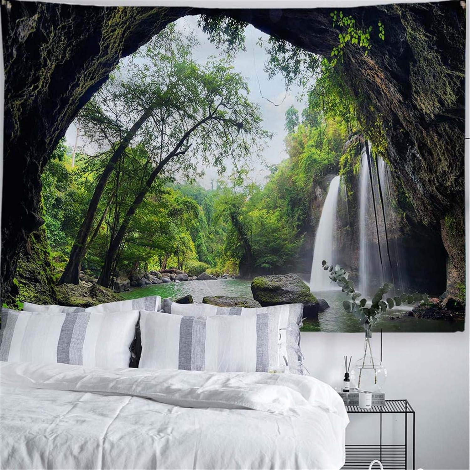 Tapestries - PROCIDA Mountain Cave Tapestry Waterfall Wall Hanging Forest Nature Landscape Wall Tapestry for Bedroom Living Room College Home Decorations with Nails, 60