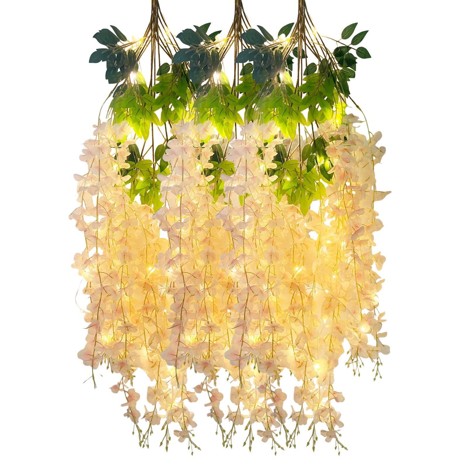 Photo 1 of 12 Pack Champagne Wisteria Hanging Flowers Garland with Lights, 3.77 Feet Artificial Flower Vines, Fake Wisteria, Artificial Vines Hanging Garland for Backdrop Outdoor Patio Garden Decor