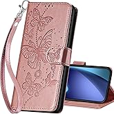 SASYMALY for iPhone 17 Wallet case, Flip Folio Cover with Stand Feature for Women Men, PU Leather Phone Case Fit for iPhone 17 6.3 inch [Rose Gold-Butterfly]