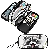 Fustylead Happy Cute Raccoon Pencil Pen Case with 3 Compartments, Lightweight & Spacious Stationery Bag Cosmetics Bag