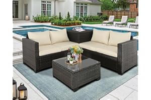 Furnimy Outdoor PE Wicker Patio Furniture Set Rattan Sectional Loveseat Couch Set Conversation Sofa with Storage Box Glass Top Table for Balcony Lawn and Garden (Brown-Beige, Couch Set)