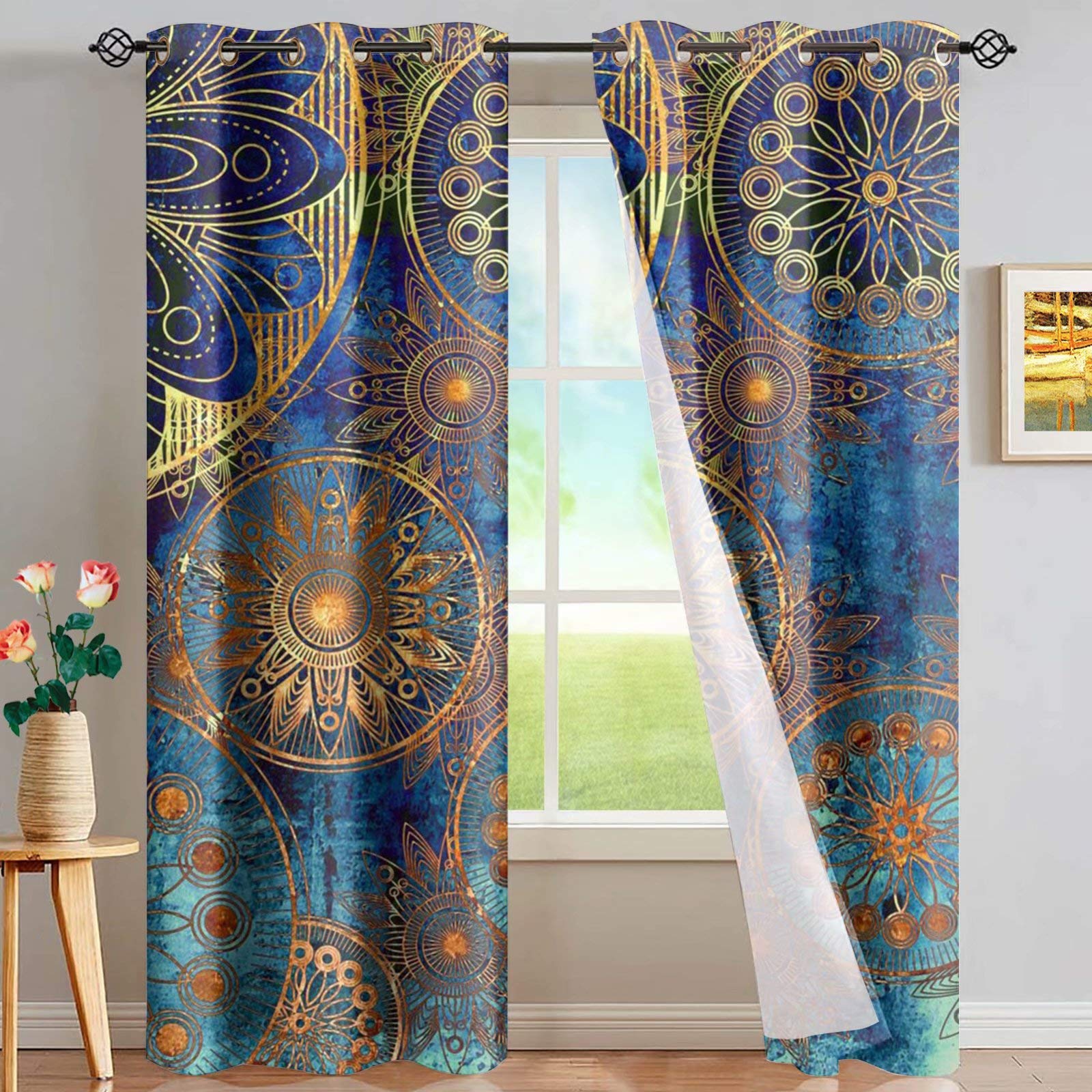 MODEGA Blackout Curtains for Women Bedroom, Smooth Blue & Green, Grommets Curtain Drop Curtain Panels for Office/Nursery, Thermal Window Drapery Panel, Golden Gear Flowers Retro