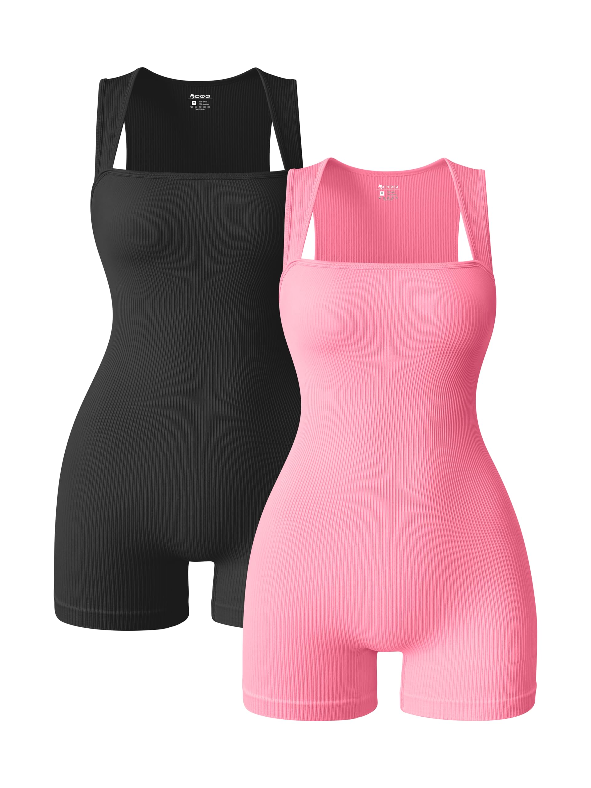 Photo 1 of (medium) OQQ Women 2 Piece Rompers Yoga Stretch Strappy Square Neck Sleeveless Exercise Rompers Black Candypink