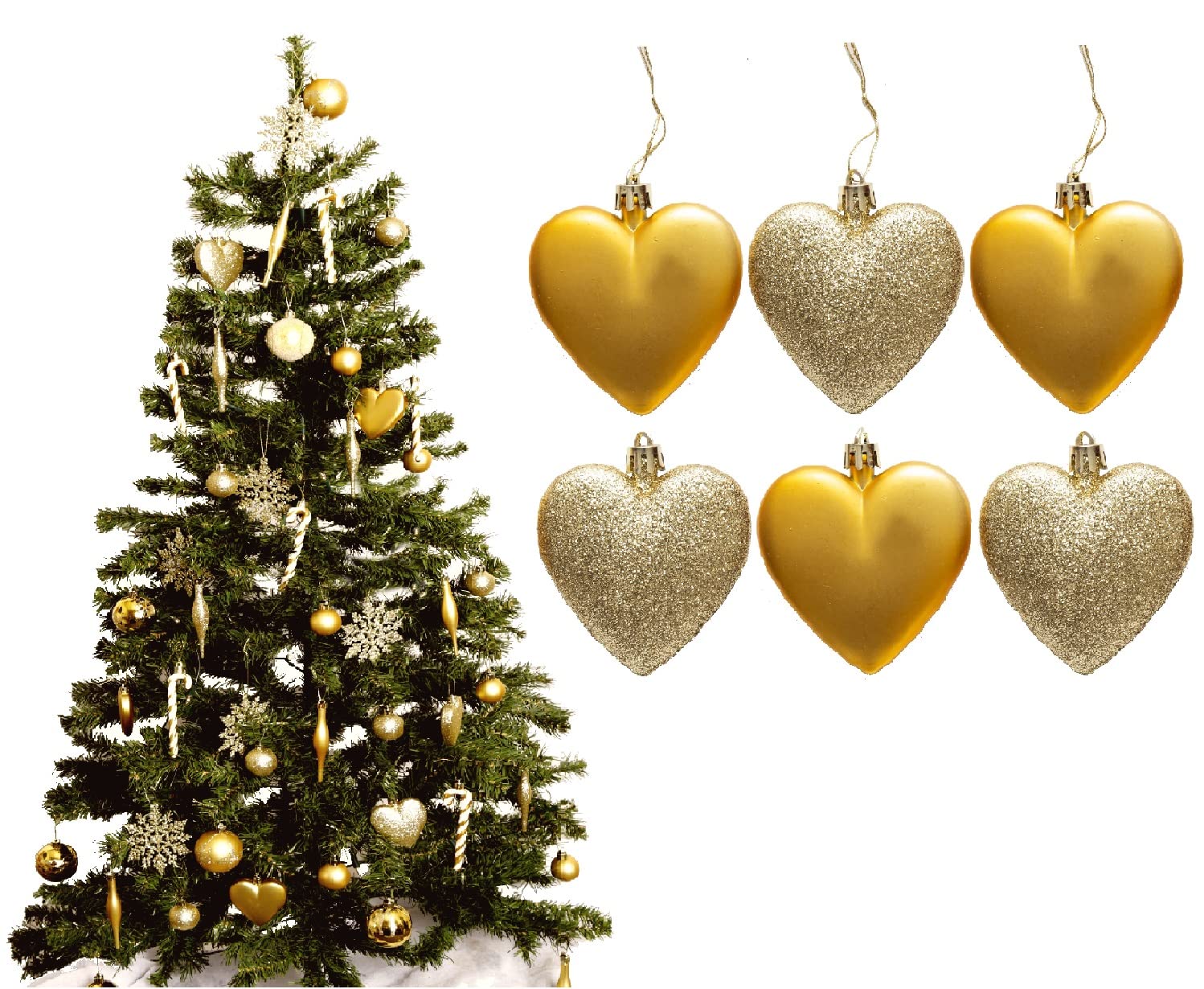 6pc Large Glitter & Matte Heart Baubles - Great Christmas Tree Decorations, Heart Baubles (Gold)