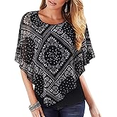 Lotusmile Women's Lightweight Flowy Shirt Double-Layered Printed Chiffon Poncho Blouse Top