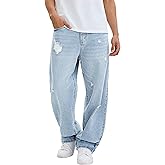 MZNBURAM Men's Y2K Hip Hop Ripped Baggy Jeans Loose Fit Wide Leg Denim Pants Casual Streetwear Trousers