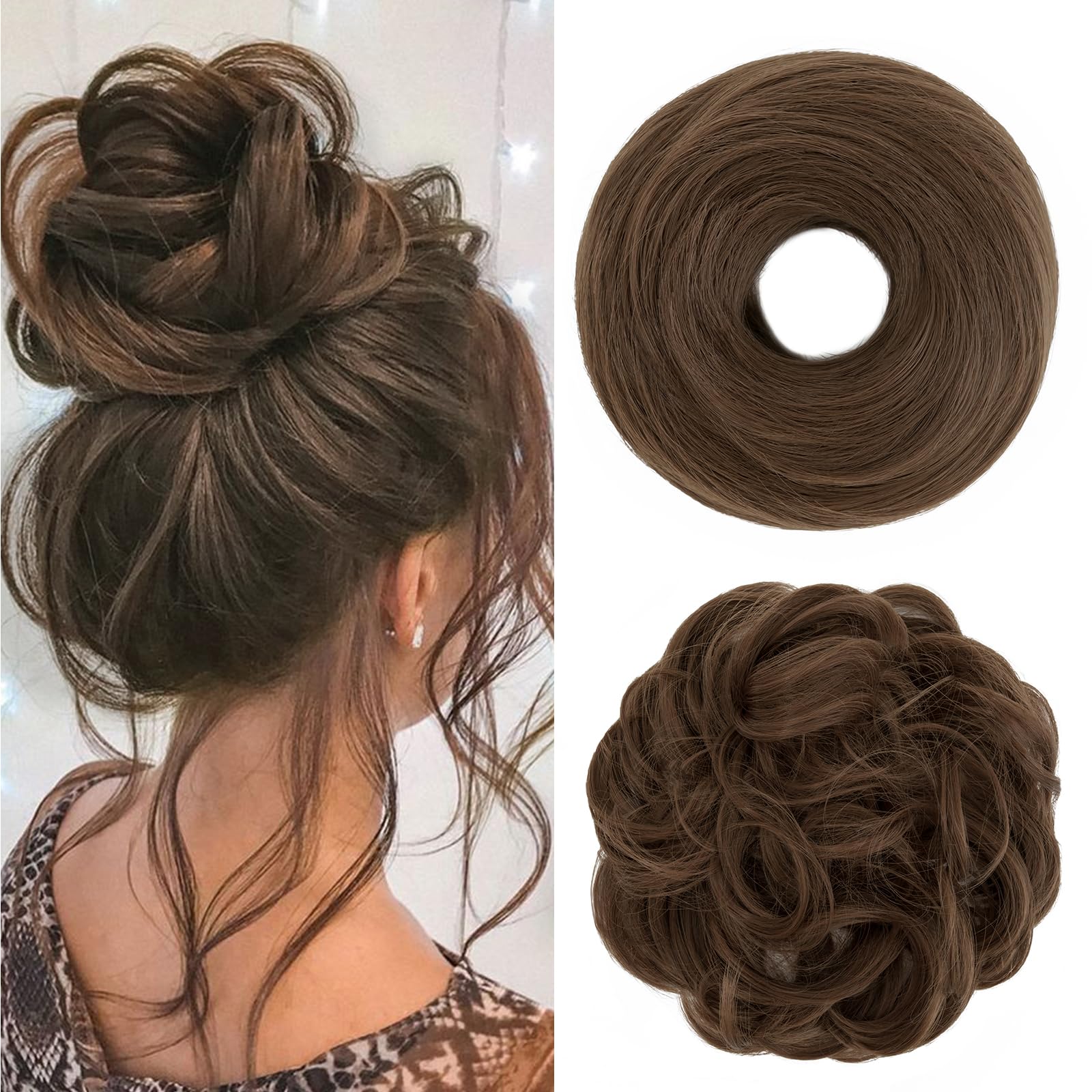 S-Noilite Messy Buns Hair Pieces Curly Hair Scrunchies for Women Donut Updo Hair Chignons Synthetic Ponytail Bun Extensions - Light Brown