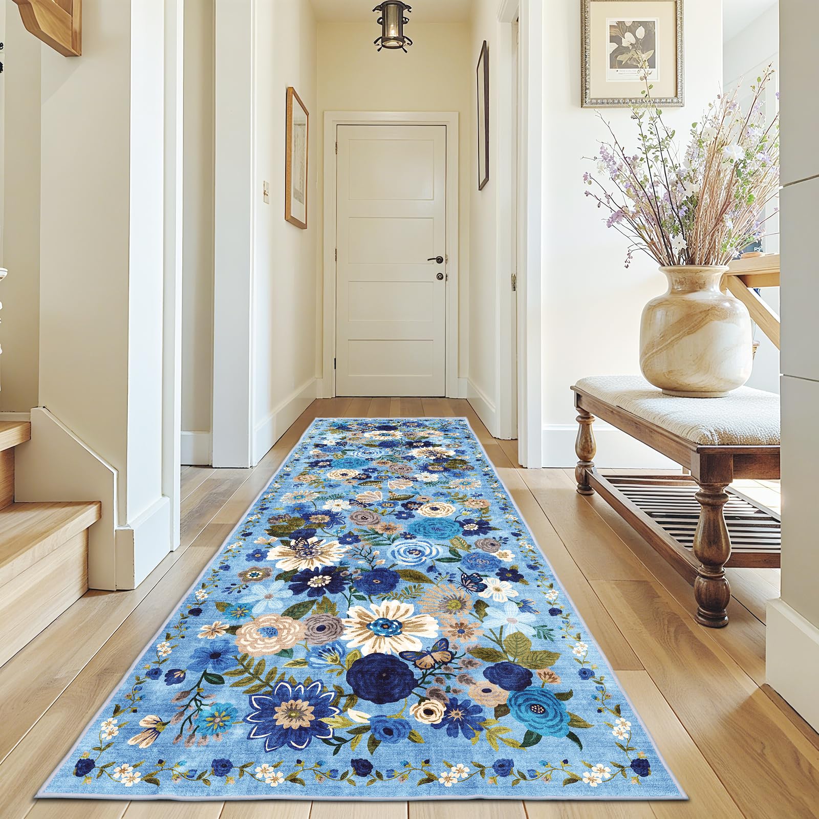Rug for Hallways Kitchen Rug 3x7, Non Slip Washable Rugs with Rubber Backing Soft Floral Carpet Runner for Hallways, Kitchen, Laundry, Bedroom, Bathroom(3 x 7, Blue Garden) Image