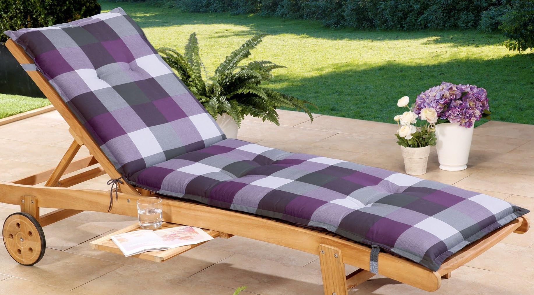 Schwar Textilien Black Fabric Lounger Reclining Garden Chair Sun Lounger Recliner Cushion Sun Lounger Cushion 8 cm thick Karomuster