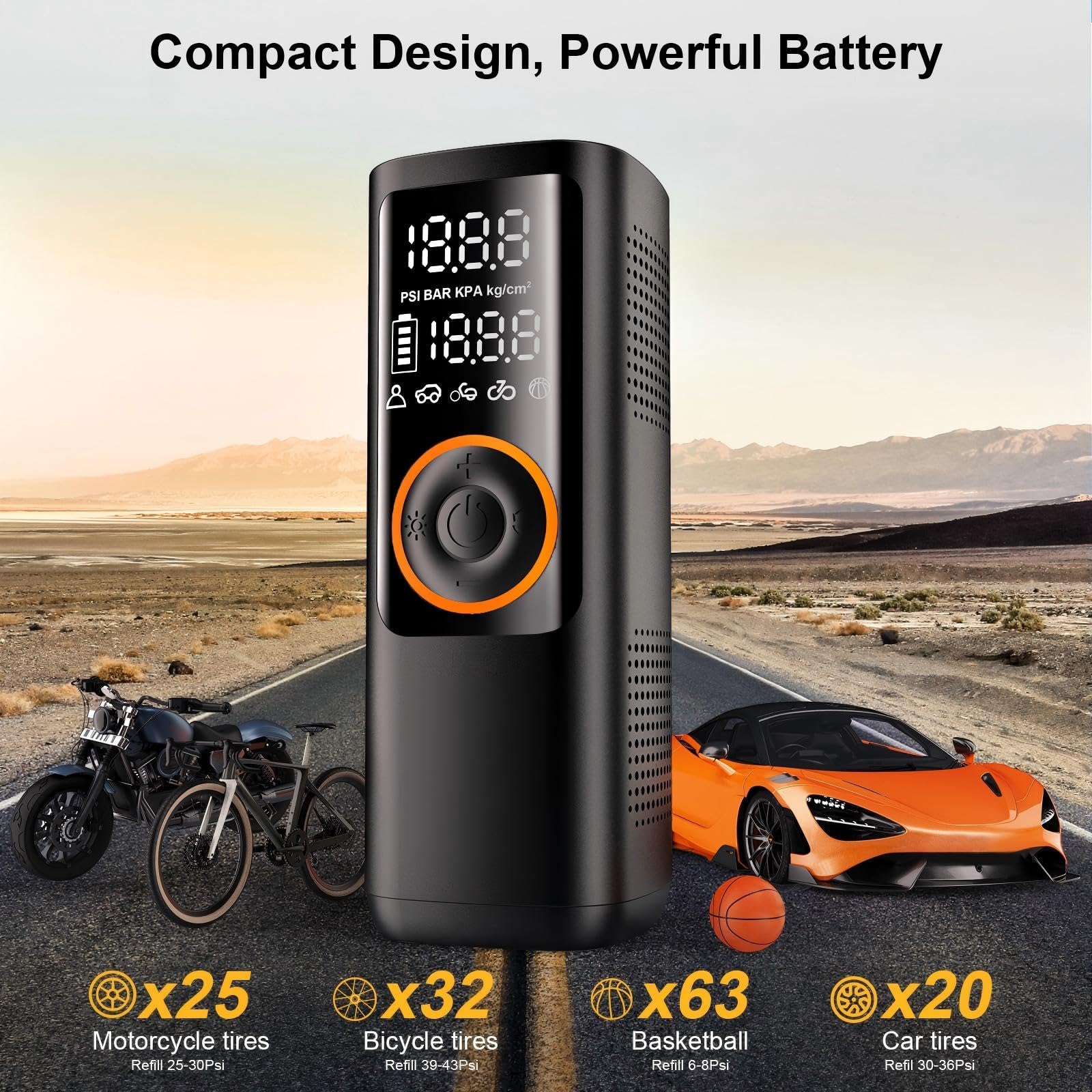 Condition photo showing New/Like New for tire inflator portable air compressor - 150 psi cordless air pump, 7800mah battery & 12v dc dual pow