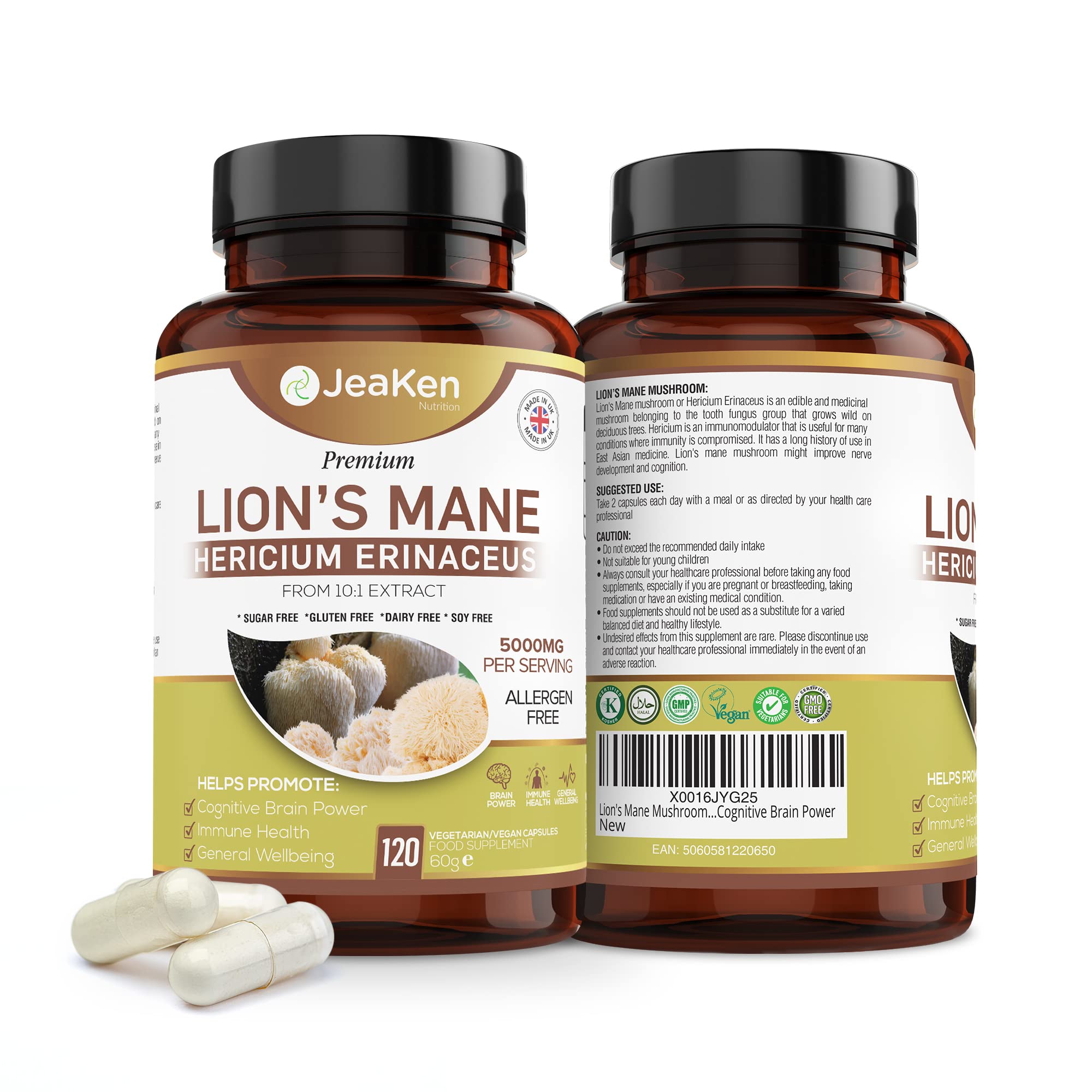 JeaKen - Lions Mane Mushroom, Immune System Booster and Brain Power Supplement, Promotes Cognitive Function and Wellness, 120 Vegan Lions Mane Capsules