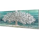 Yihui Arts Tree Of Life Metal Wall Art Handcrafted Aluminum Artwork Teal and Silver Abstract Nature Pictures in 5 Pieces for 