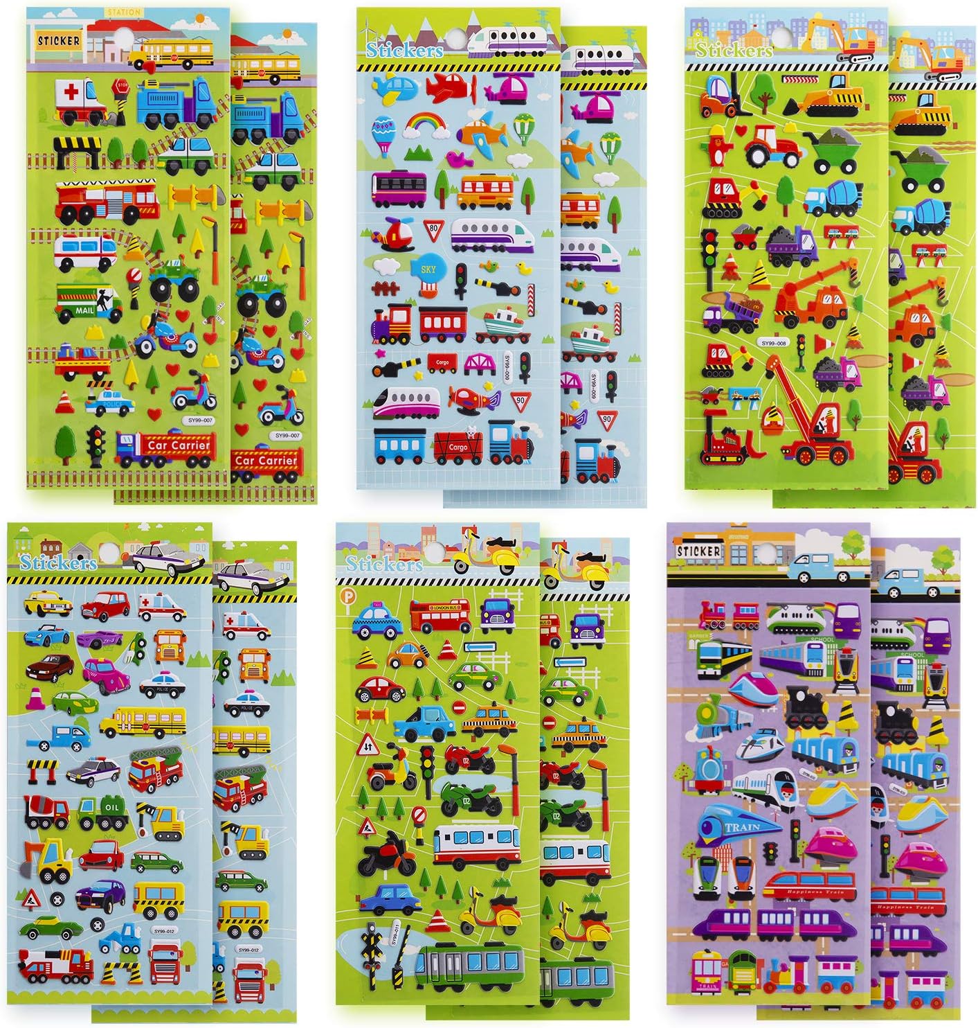 SAVITA 3D Stickers for Kids & Toddlers, 400+ Cars & Trucks, 3D Puffy Stickers Including Cars, Trains, Airplanes, Fire Trucks