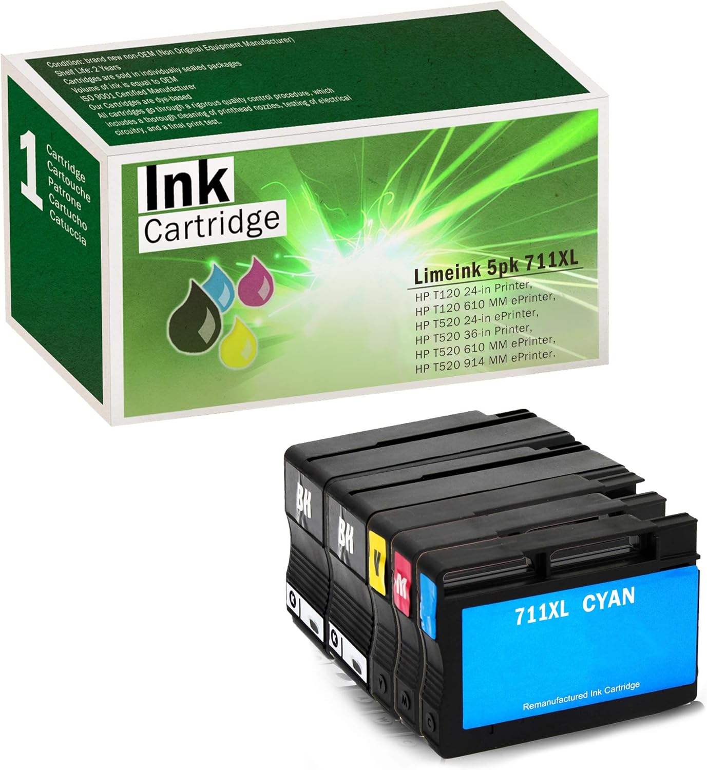 Limeink 5 Pack Compatible 711XL 711 High Yield Ink Cartridges (2 Black, 1 Cyan, 1 Magenta, 1 Yellow) for HP Designjet T120 T520 Printer