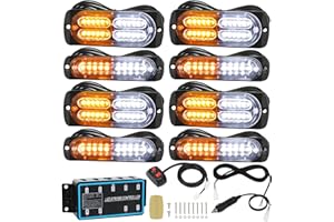 LINKITOM 8pcs Ultra Slim Sync Feature Car Truck Surface Mount Emergency Hazard Warning Strobe light with Strobe Controller and Wiring Harness (Amber & White)