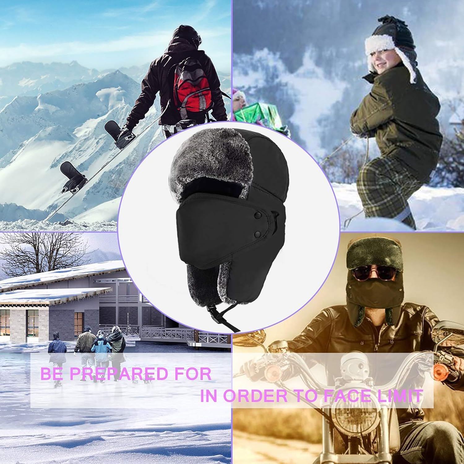 Mysuntown Unisex Winter Trooper Trapper Hat Hunting Hat Ushanka Ear Flap Chin Strap and Windproof Mask,Black,22-24 Inches ,One Size Fits All: Clothing