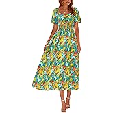 Okiwam Womens Summer Dresses 2026 Spring Floral Maxi Sundress Puff Sleeve Smocked Flowy Beach Vacation Wedding Guest Dress