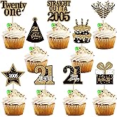 36PCS Happy 21st Birthday Cupcake Toppers Double Sided Black Gold Twenty One Hello 21 Straight Outta 2005 Cupcake Picks Cheers to 21 Years 21 Fabulous Cake Decorations for 21st Birthday Party Supplies