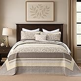 Finlonte Oversized Queen Bedspread 102"x120" - 100% Cotton Oversized Queen Quilt with 2 Pillow Shams, Farmhouse Stripe Botanical Bedspread Reversible Lightweight Coverlet Set, Taupe/Brown/Beige, 3 Pcs
