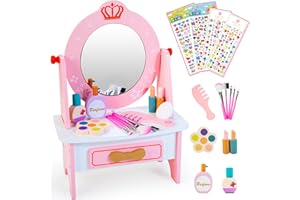 KIZFARM Wooden Vanity Set for Kids, Pretend Play Toddler Makeup Vanity with Acrylic Mirror, Beauty Salon Play Set for Little Girls Age 3+, Toys Gifts Includes Makeup Accessories and Bonus Stickers