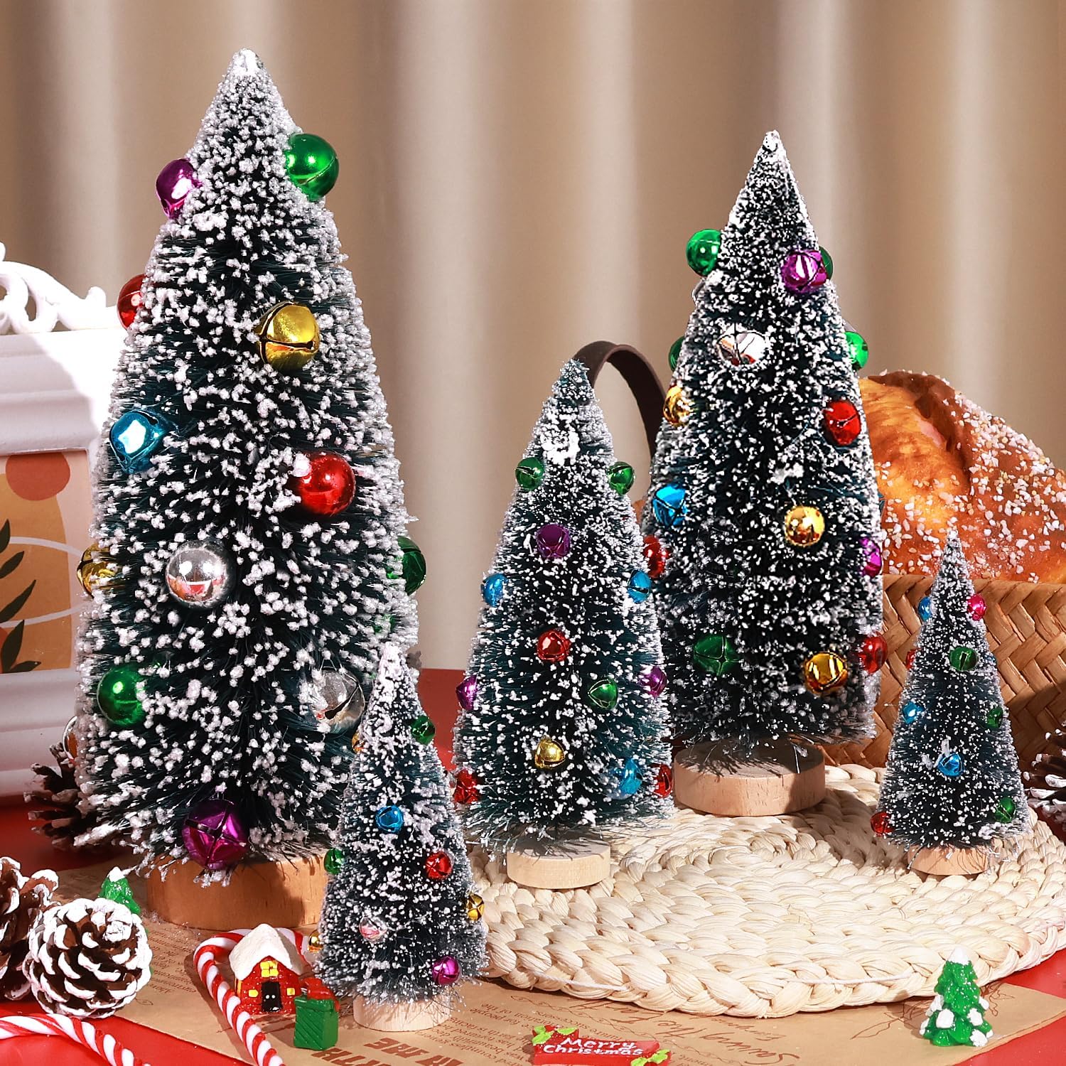 Trees - 5 Pcs Artificial Mini Christmas Sisal Snow Frost Trees with Decorated Ball - Small Bottle Brush Trees 5 Sizes for Christmas Decor Christmas Party Home Table Craft Decorations