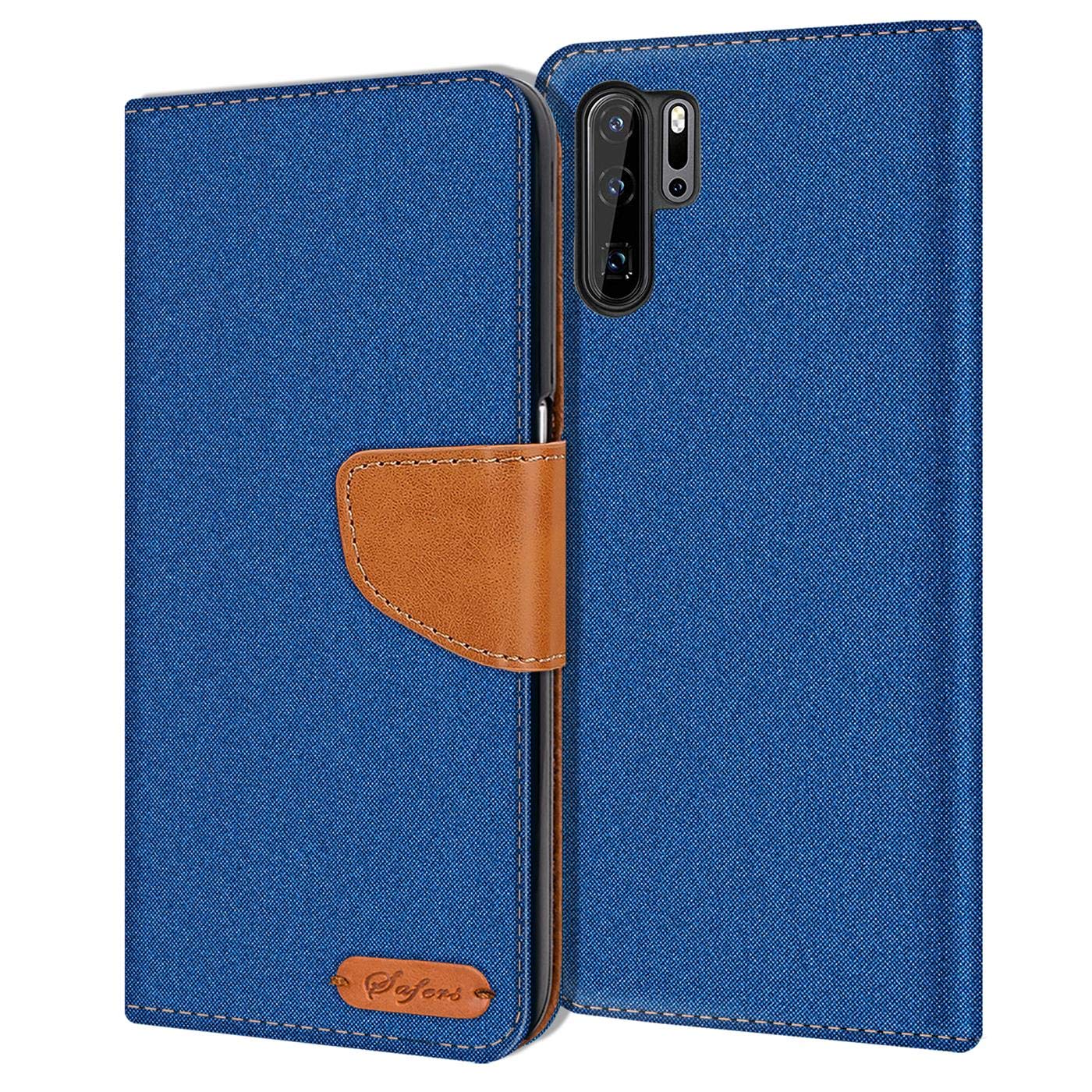 Verco Phone Wallet Case compatible with the Huawei P30, Canvas Faux Leather Book Cover for the P30 Flip Case Bag Hinged - Blue