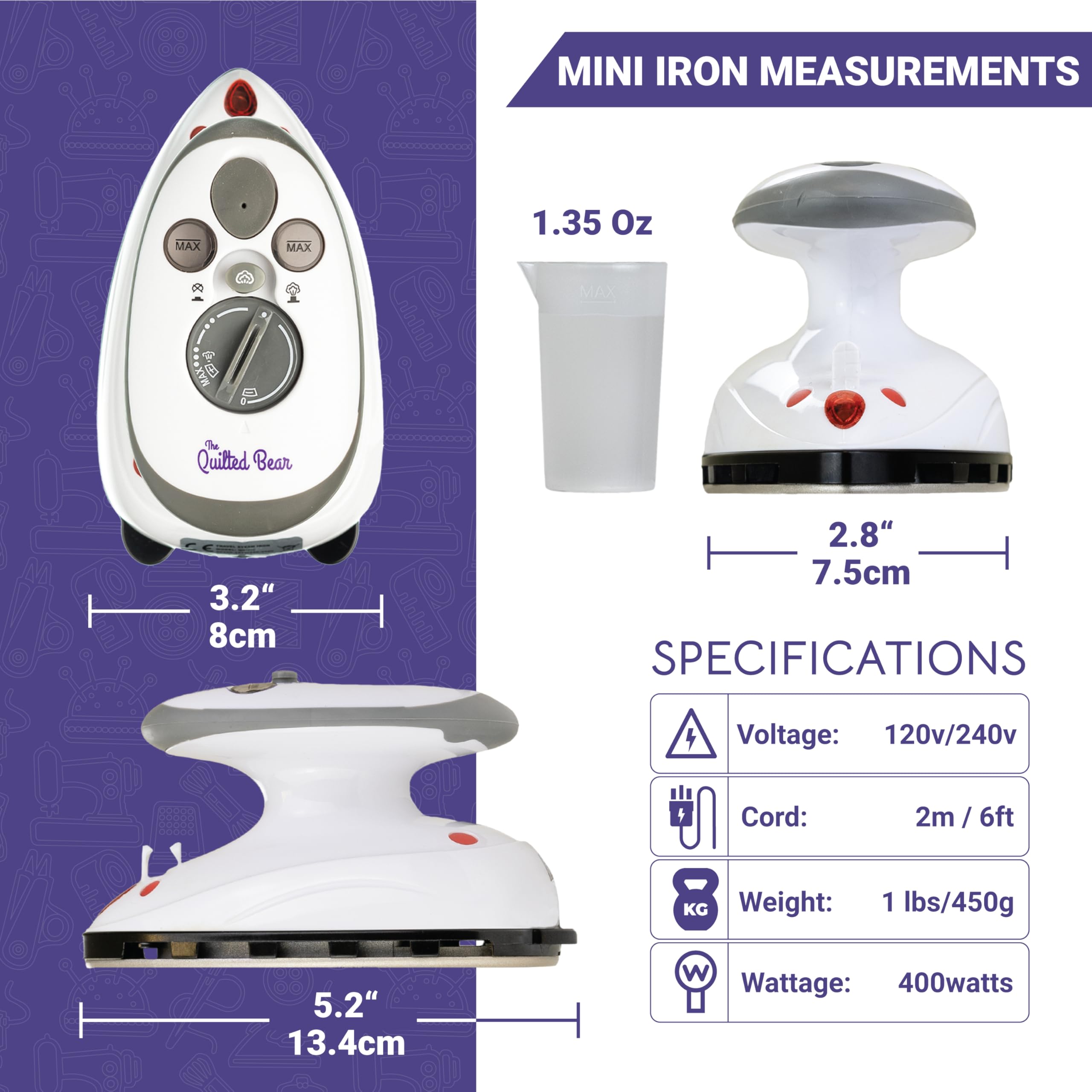 The Quilted Bear Mini Iron - Lightweight Mini Steam Iron with Ceramic Sole Base Plate & Temperature Gauge For Use As A Craft Iron or Travel Iron Steamer (Black Case)
