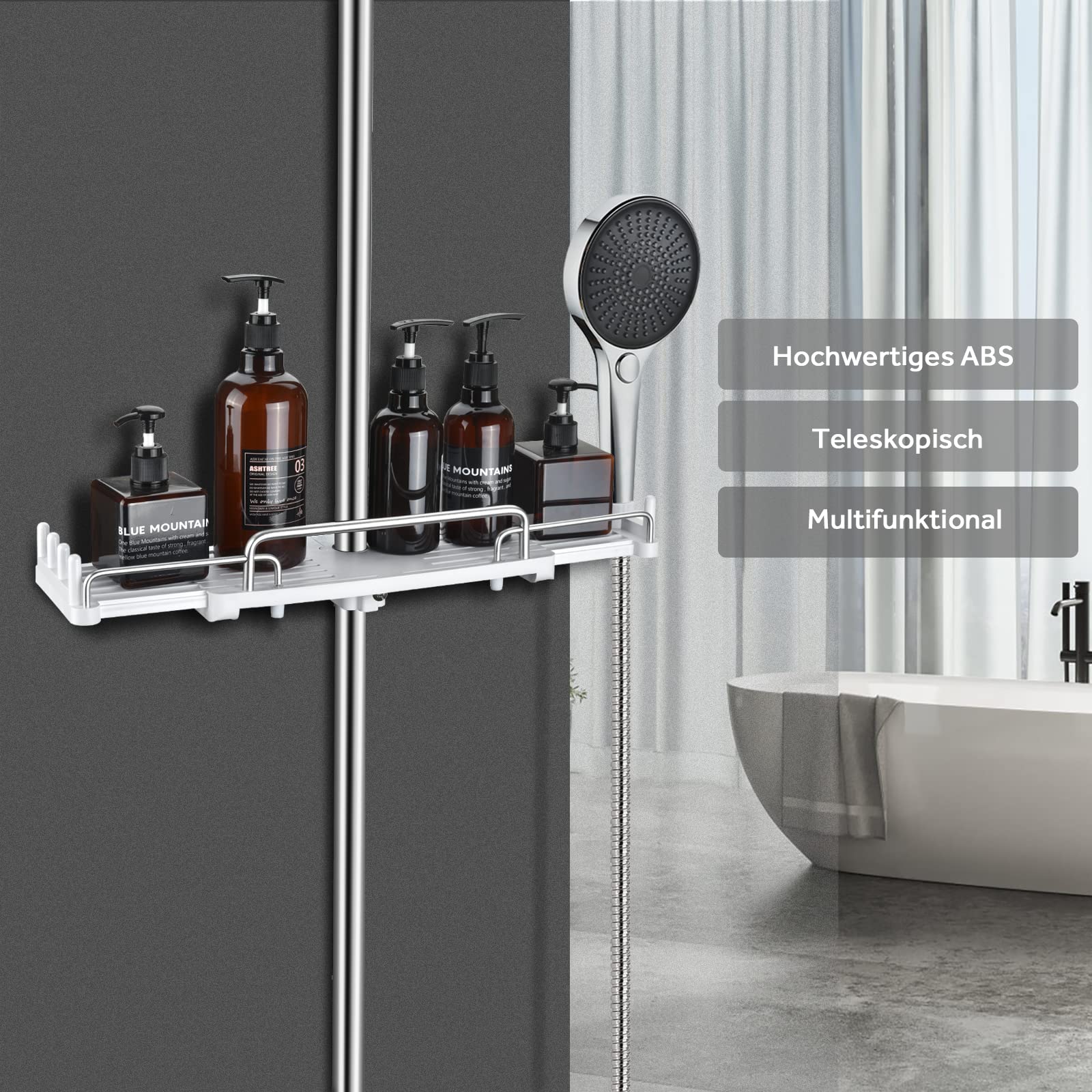 LOLYPOT Duschablage Ohne Bohren Teleskopisch 32-48cm, Duschablage zum hängen Badezimmer Organizer, Duschregal Ohne Bohren, Duschstangen-Aufbewahrungsregal für 18 mm-25 mm Duschstange (Weiß) 5