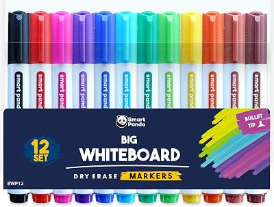 Smart Panda 12 Big Whiteboard Pens Bullet Tip Markers Set 12 Colours