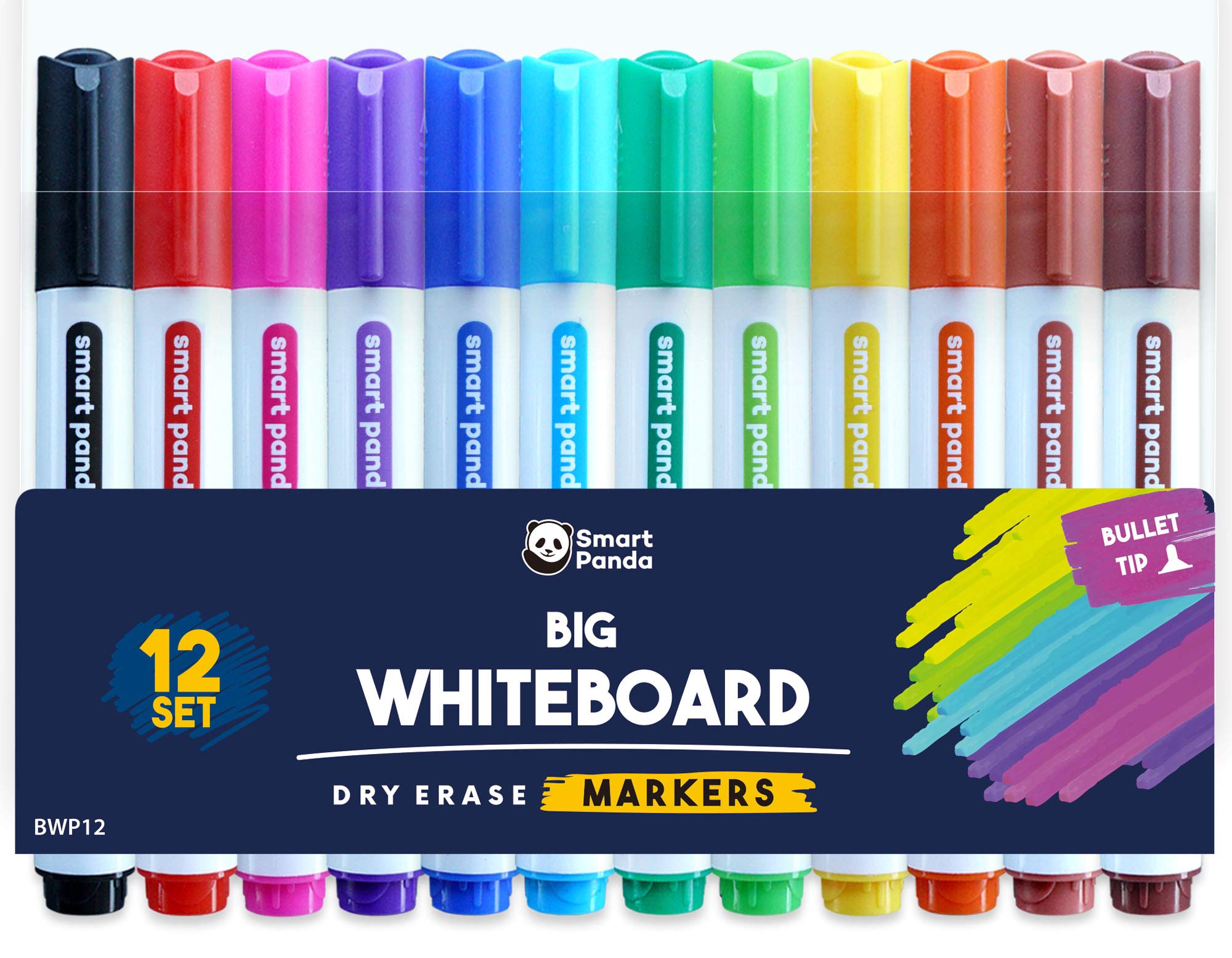 Smart Panda 12 Big Whiteboard Pens Bullet Tip Whiteboard Markers – Dry Erase Markers, Perfect for Home, School or Office - 12 Set Assorted Colours