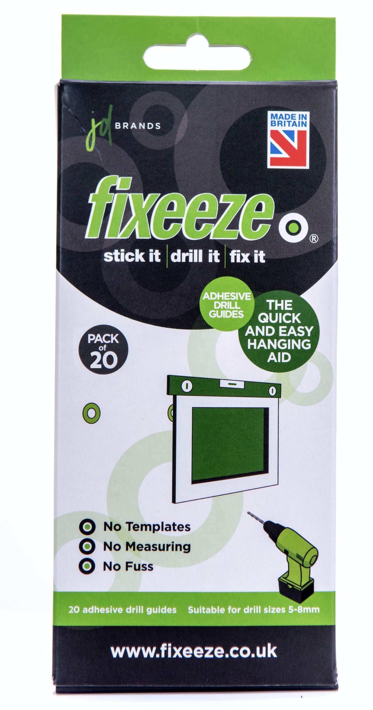 JD Brands: Fixeeze Adhesive Drill Guides 20 pack. Perfect Hanging Aid. Hang Items Easily and Quickly