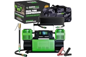 Rhino USA Dual Tire Air Compressor – 12V Portable Pump, 10.6 CFM, Auto Shutoff, Built-in Pressure Gauge, Serviceable Filters,