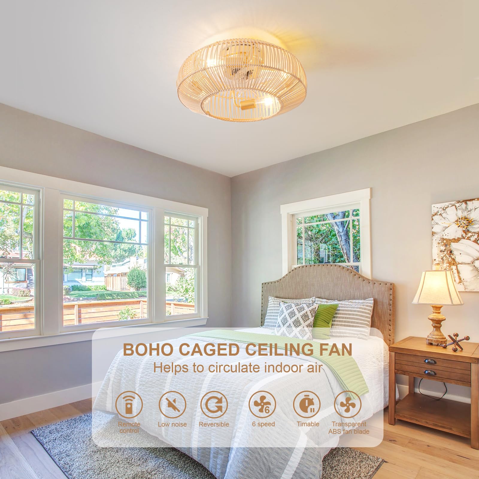 20'' Boho Rattan Ceiling Fan with Light, Coastal Caged Ceiling Fans with Lights and Remote Control, Enclosed Hidden Flush Mount with Reversible 6 Speeds for Living Room Bedroom Nursery