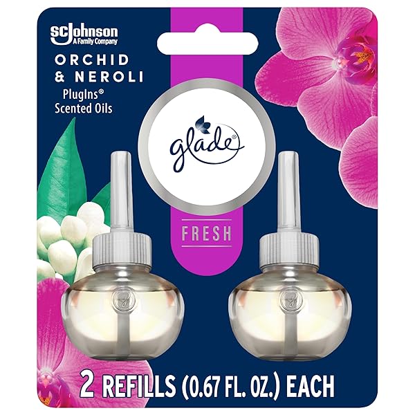 GLADE PLUGINS REFILLS AIR FRESHENER, SCENTED AND ESSENTIAL OILS FOR HOME AND BATHROOM, ORCHID & NEROLI, FRESH COLLECTION 1.34 FL OZ, 2 COUNT