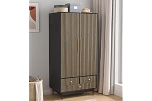 FSBECL Armoire Wardrobe Closet with Drawers and 2 Fluted Doors 64.96 in Farmhouse Closet Wardrobe Cabinet with Hanging Rod Freestanding Wooden Bedroom Armoire Storage Cabinet with Shelf (1, Black)