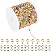UMAOKANG 33 Feet/10 Meters Colorful Beaded Stainless Steel Jewelry Chains Gold Plated Cable Link Chain for Jewelry Making with 10 Lobster Clasps and 30 Jump Rings
