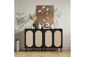 QHITTY Rattan Sideboard Buffet Cabinet, Accent Kitchen Storage Cabinet Console Table with Adjustable Shelves for Living Room, Dining Room, Bedroom (Black)