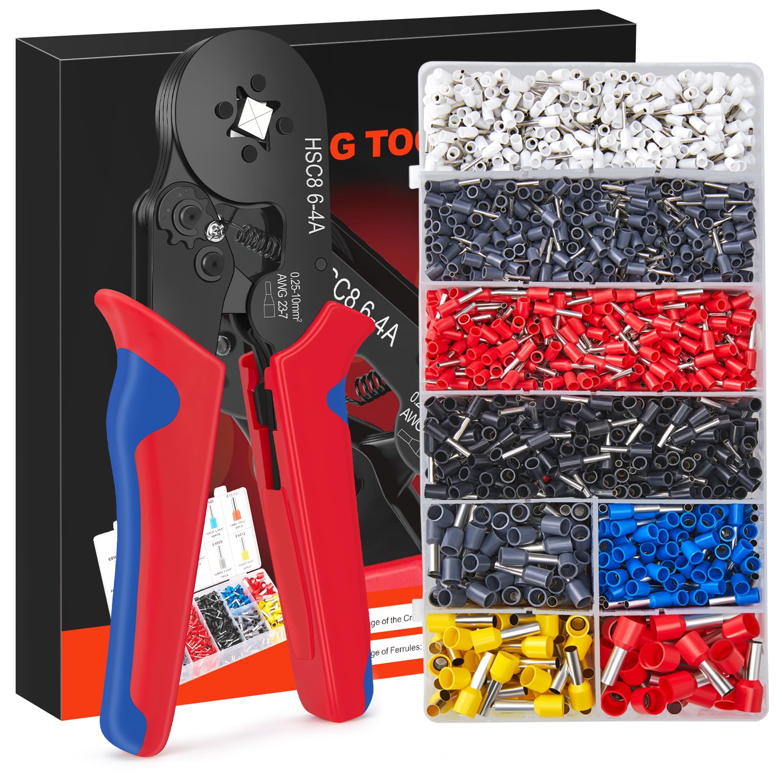 JOEJONI Ferrule Crimping Tool, AWG 23-7/0.25-10mm²Crimping Tools Set, Self-Adjustable Ratchet Wire Crimping Tool with 1800pcs Wire Terminal, for Electricians, Repair and DIY Enthusiasts