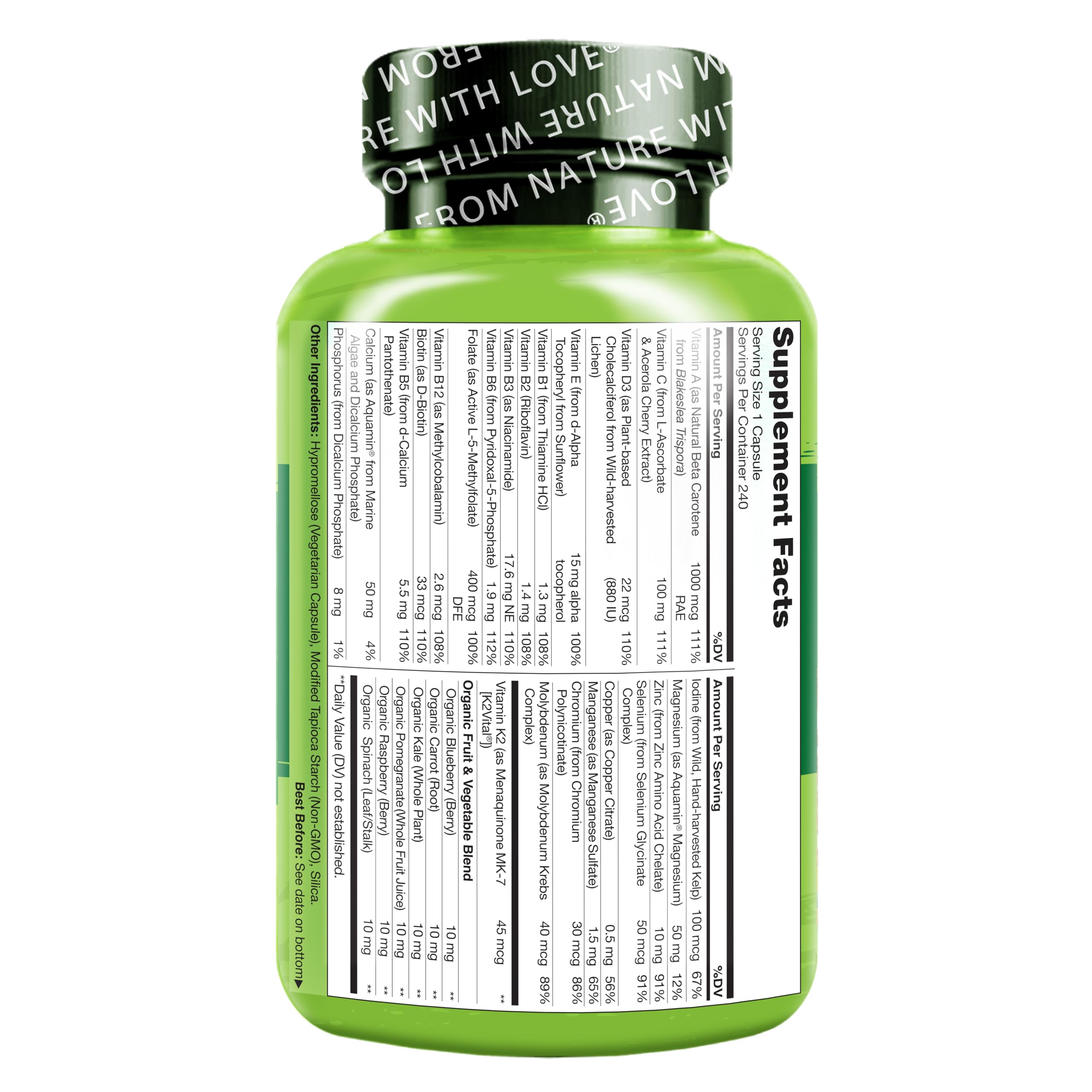 NATURELO Mens Multivitamins - One Daily Multivitamin for Men with Vitamins, Minerals & Organic Whole Foods, Boost Energy & Health, Non-GMO, 240 Vegetarian Capsules