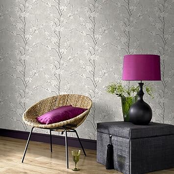 Boutique Soft Grey Sakura Cherry Blossom Metallic Wallpaper