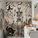 InIsaJace Halloween Shower Curtain for Bathroom, Spooky Skull Skeleton Bath Tub Curtain, Scary Graveyard Black Cat Waterproof Bathroom Bathtub Decor (71 X 71 Inches)
