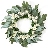BOMAROLAN Spring Summer White Daisy Wreath for Front Door 22 Inch Artificial Eucalyptus Leaves Wreath for Indoor Outdoor Farmhouse Home Wall Window Table Porch Door Festival Decor